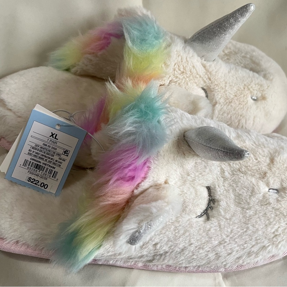 Off-White Plush Unicorn Slippers with Rainbow Mane